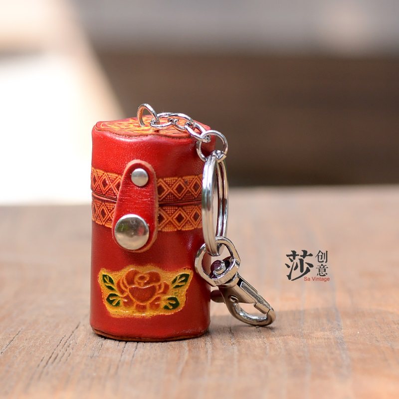 莎暮创意 手工皮艺圆筒形硬币包钥匙圈 皮雕小挂件包挂件情侣礼物