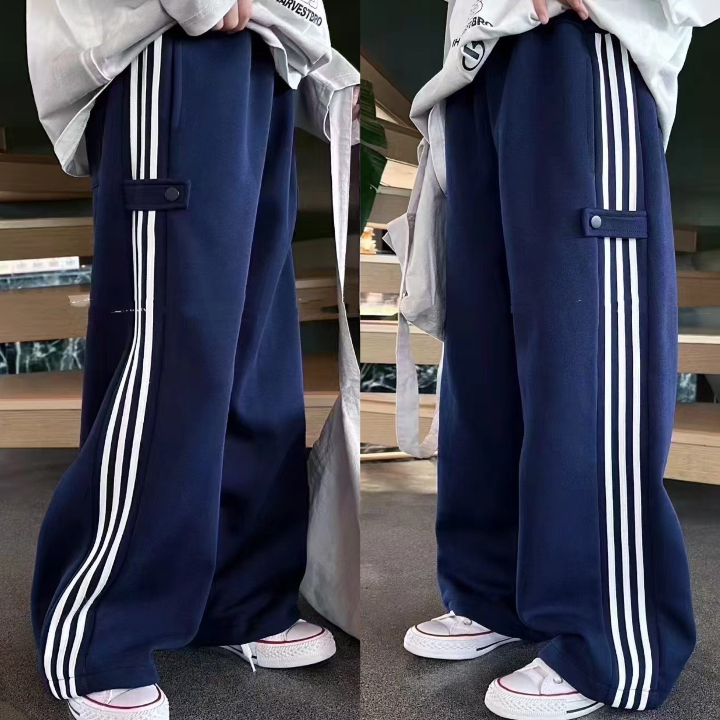 现货波拉韩国童装男女童中大童秋装亲子三杠学院风收脚休闲阔腿裤