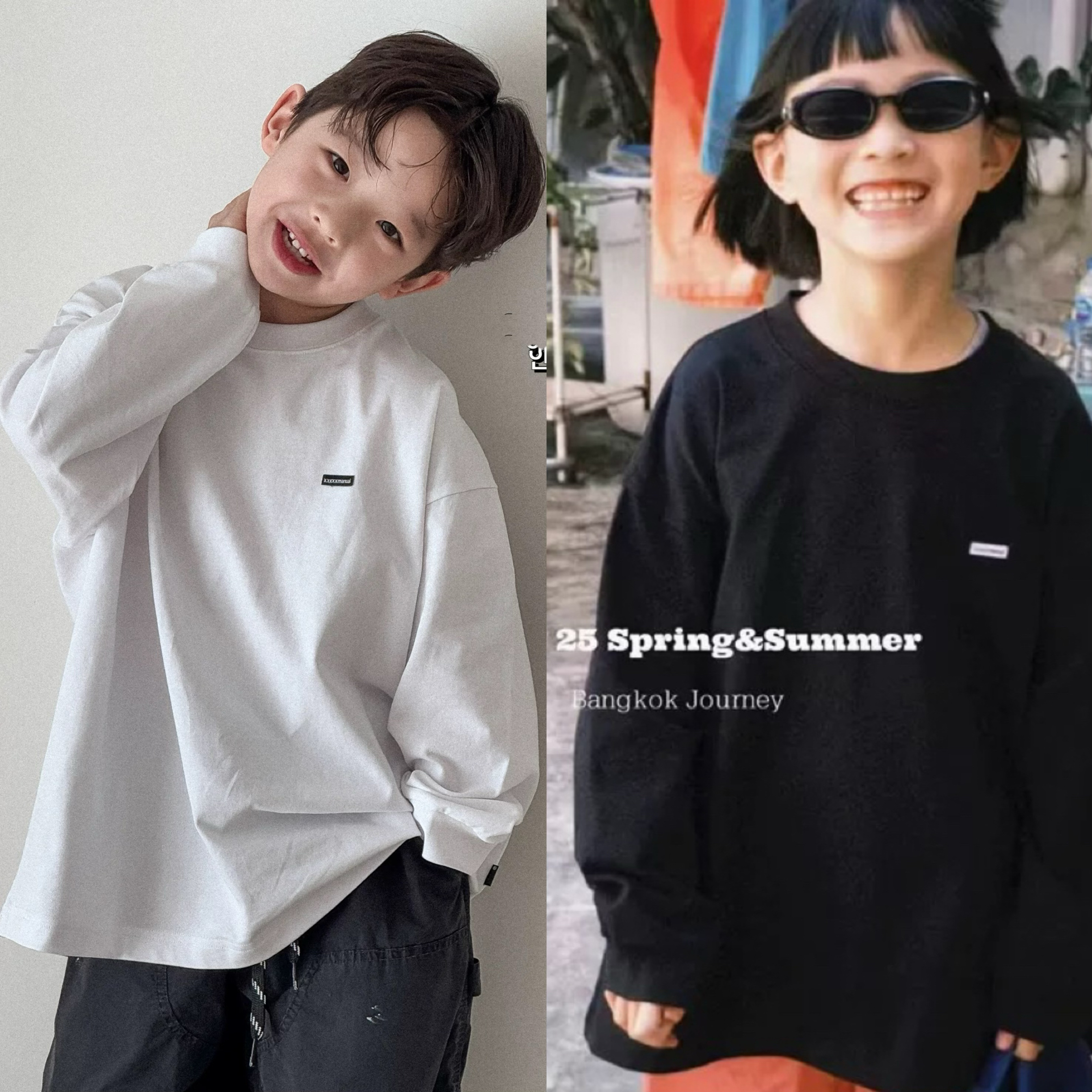 现货波拉韩国童装女男孩中大童春青少年亲子简约街舞亲子长袖T恤