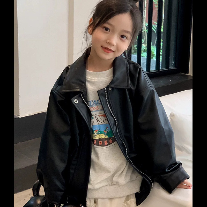 实体店儿童装波拉秋季款复古小众男生女孩青少年黑色皮衣夹克外套