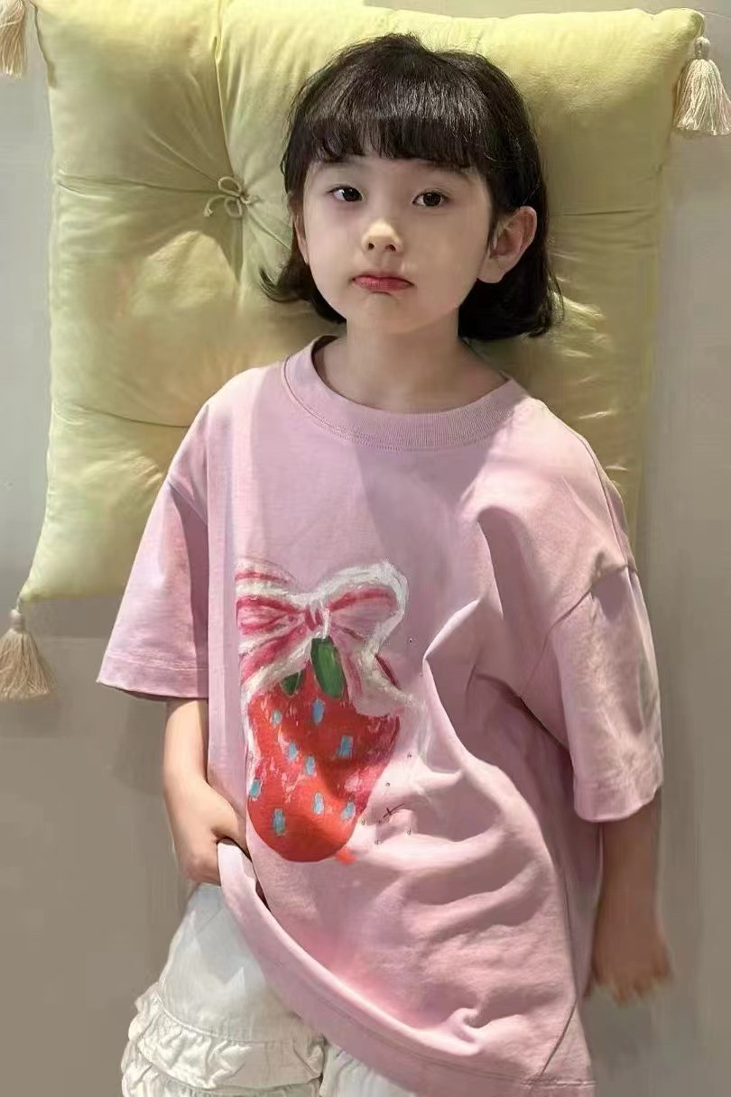 清仓现货波拉韩国童装女童中大童初中生夏亲子草莓粉色短袖T恤