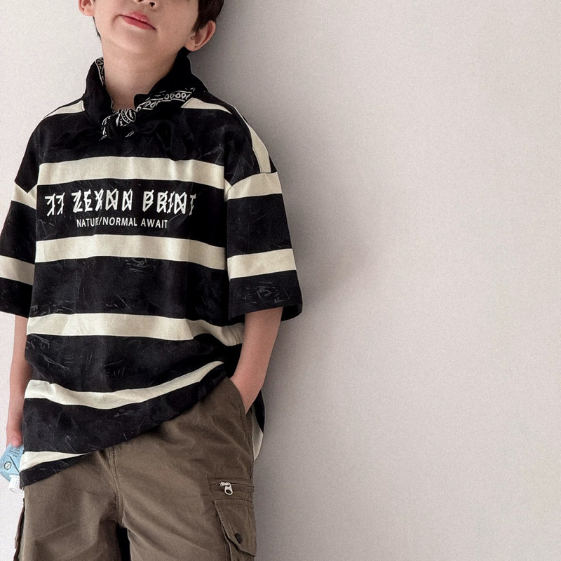现货特价实体店童装波拉夏季男孩女生小中大儿童条纹上衣短袖T恤