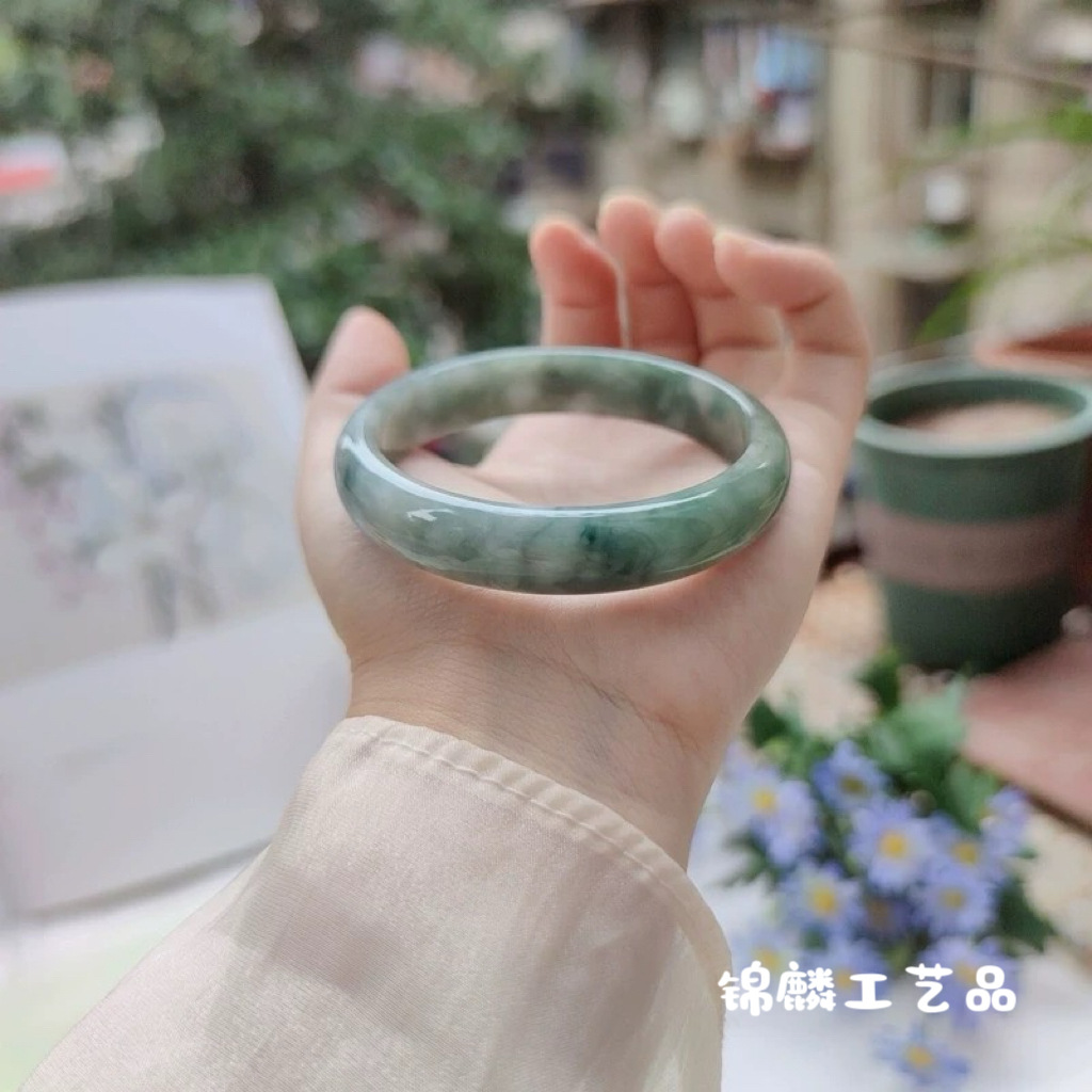 冰种玉手镯女缅甸老坑冰糯种处理翡翠手镯女款油青飘花正圈