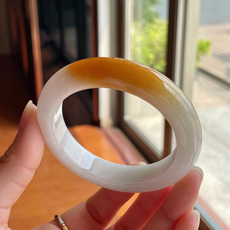 天然冰种翡翠手镯缅甸老坑女款黄翡玉镯白底飘花正圈水润镯子高端