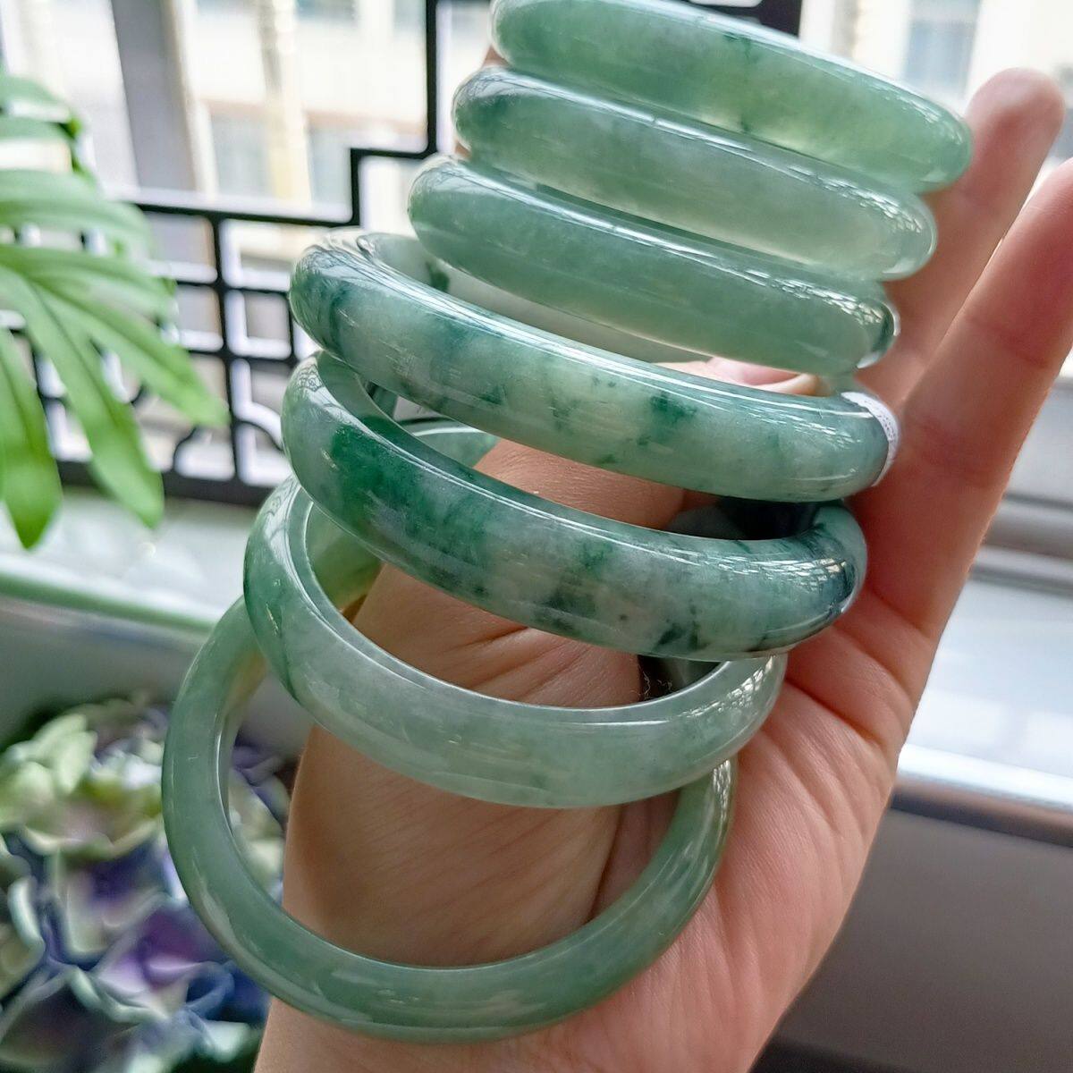 【一物一图】翡翠A货手镯细糯种水冰润油青色飘花玉石手镯贵妃镯