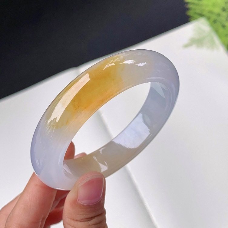 冰种黄翡翡翠手镯缅甸天然a货正品飘黄花宽版玉镯子玉手镯女款