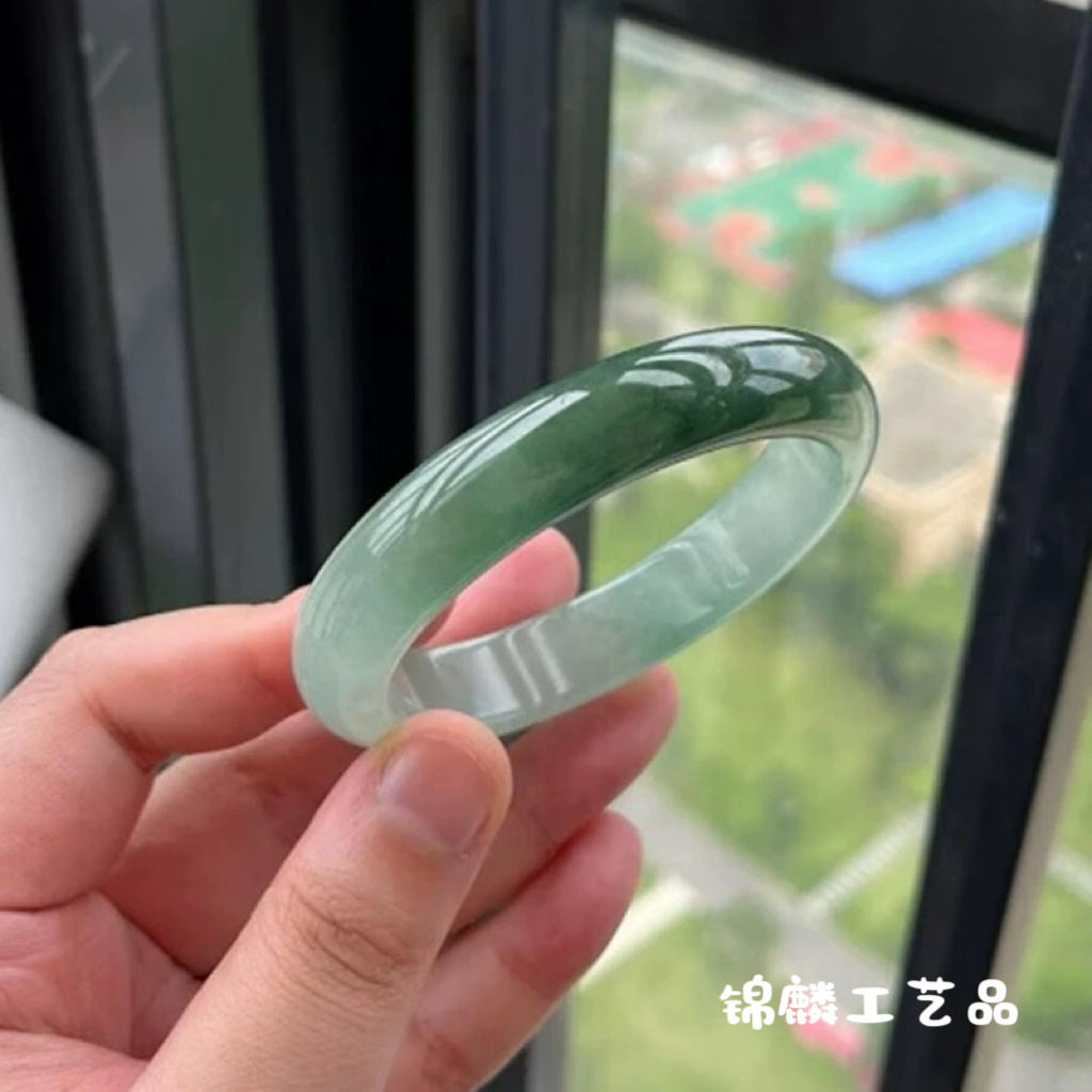 冰糯种玉手镯女款缅甸冰种处理翡翠手镯女款老坑油青飘花玉镯子