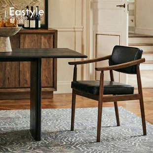 北欧实木总统椅胡桃木色餐椅日式书桌椅扶手舒适复古书房软包椅子