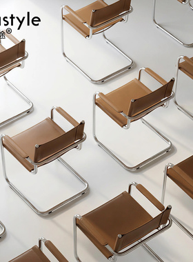 意式轻奢设计师钢管椅S34马鞍皮不锈钢餐椅家用简约现代餐桌椅子