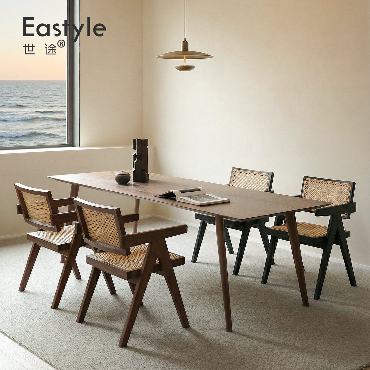 北欧日式中古侘寂风实木藤编餐椅