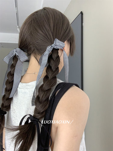 罗小辛黑色格子蝴蝶结丝绒头绳