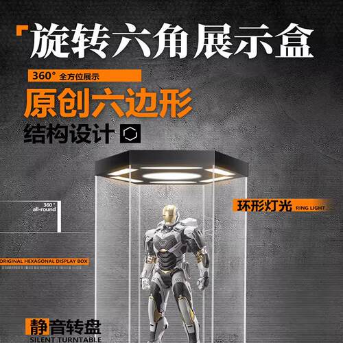 亚克力六角转盘展示盒 手办模玩HT钢铁侠漫威DC兵人潮玩展示