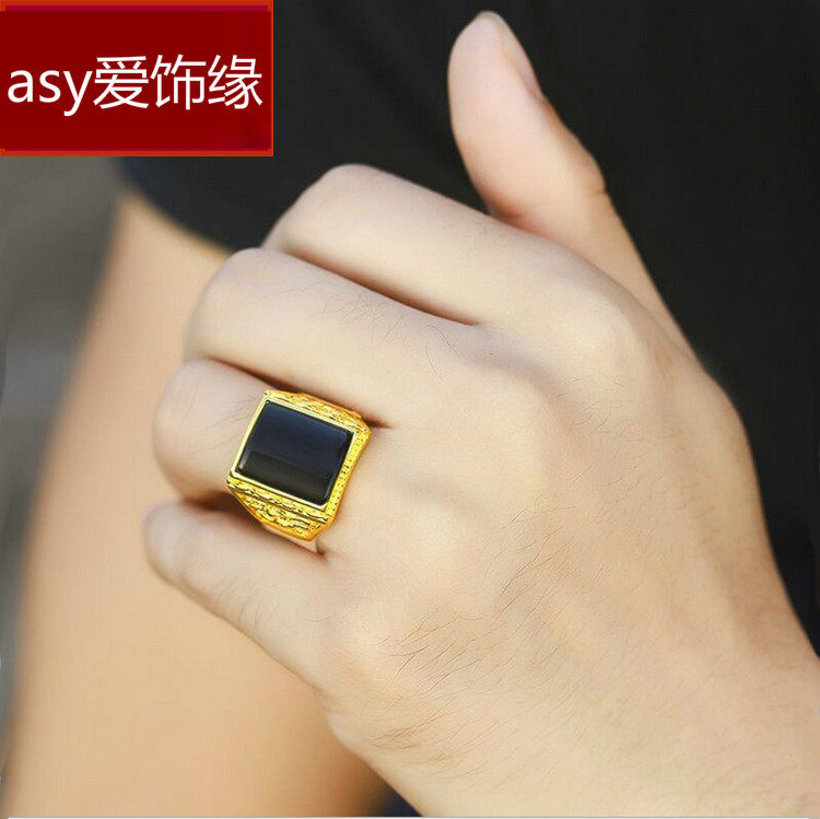 久不掉色越南沙金戒指男士开口镀金黑宝石指环铜合金个性潮男饰品