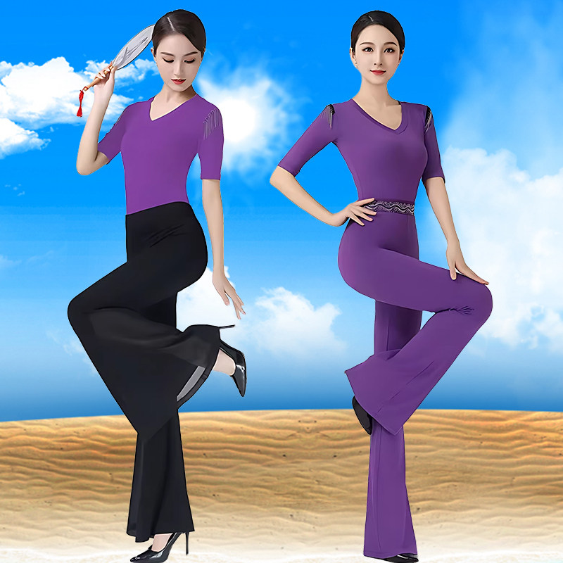 女士紫色V领礼仪舞蹈服套装