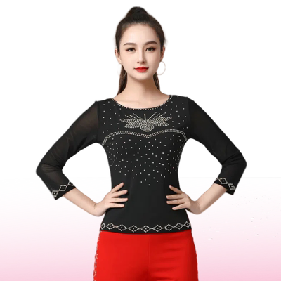 新款烫钻舞服圆领彩钻三步踩