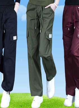 军绿色工装裤女士2025新款黑色百搭多口袋直筒裤时尚松紧腰长裤子