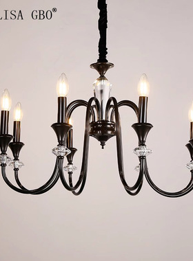 爱丽莎 全铜法式复古蜡烛吊灯黑色美式轻奢中古南洋风客厅灯具