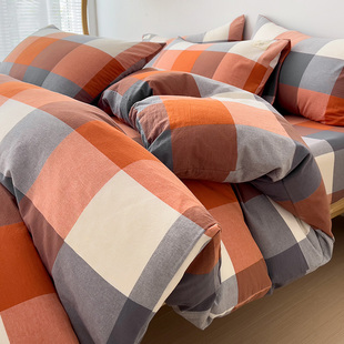 日式格子A类母婴级全棉色织水洗棉四件套100%纯棉被套床单三件套