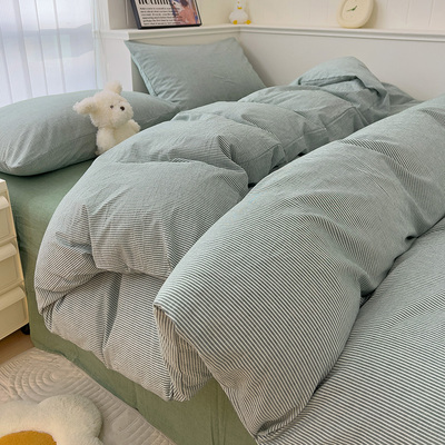 北欧风极简绿条纹A类全棉色织水洗棉四件套100纯棉被套床品三件套