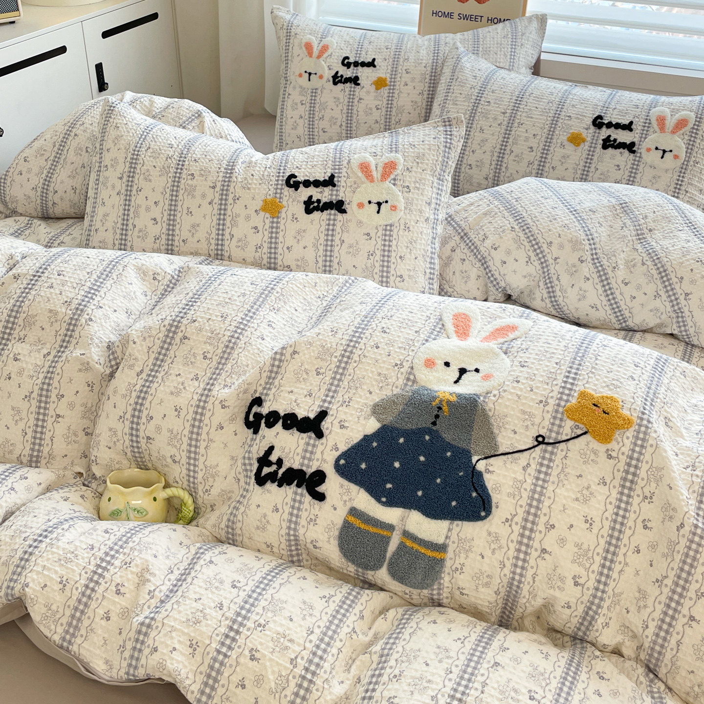 ins可爱兔兔毛巾绣华夫格A类全棉水洗棉四件套100%纯棉被套三件套,床上用品,床品套件/四件套/多件套,淘宝优惠券,粉丝福利购,淘宝优惠卷