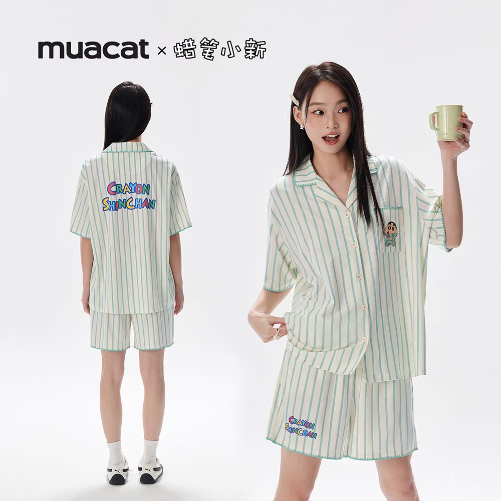 亲嘴猫蜡笔小新情侣短袖短裤莫代尔开衫卡通条纹睡衣家居服套装夏