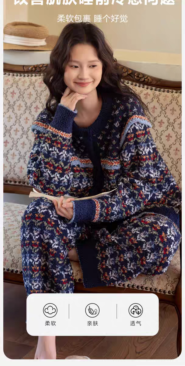 族玛士半边绒睡衣女秋冬季2025新款加厚珊瑚绒毛衣套装加厚家居服