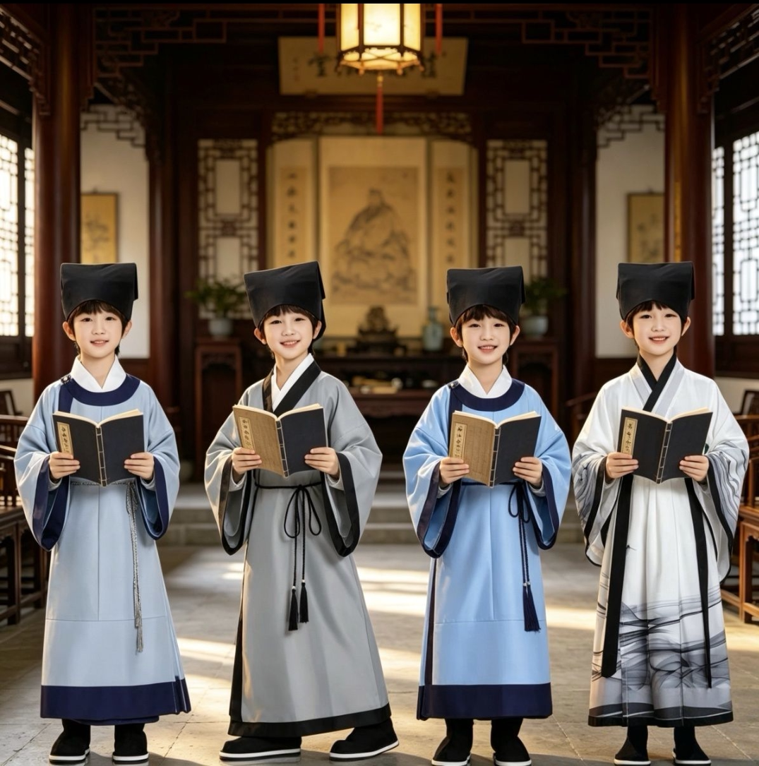 儿童汉服圆领袍国学宋制汉服书生演出服写真诗词朗诵表演服