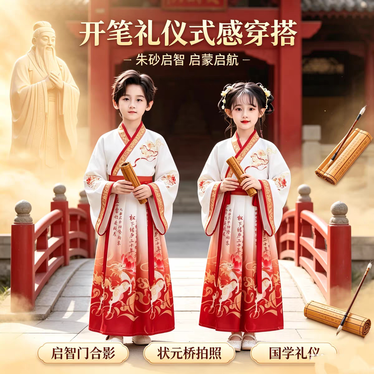 儿童古装汉服男童国学服女童古装书童服中国风唐装三字经开笔礼服
