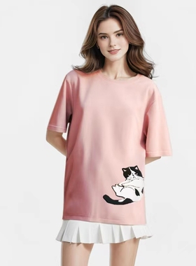 夏季时尚休闲粉色猫咪贴布宽松T恤