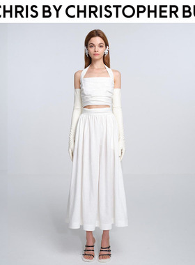 【设计师品牌CBCB】白色亚麻挂脖上衣半身裙