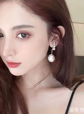 简约珍珠耳环耳饰女娜扎同款欧美法式百搭银针气质礼服螺旋耳夹款