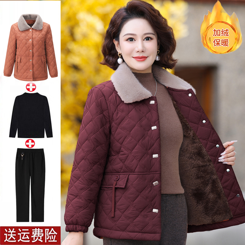 妈妈装冬季时尚加绒加厚棉衣外套