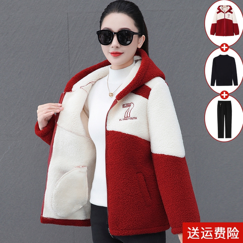 妈妈装冬季加绒加厚连帽棉衣保暖