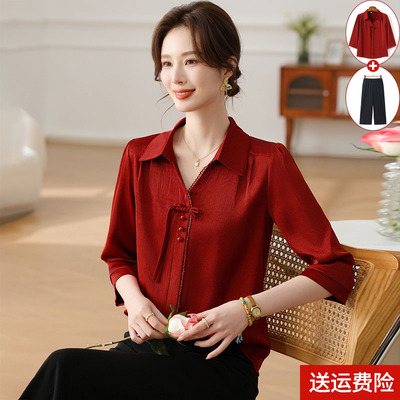 妈妈装春夏时尚翻领七分袖打底衫