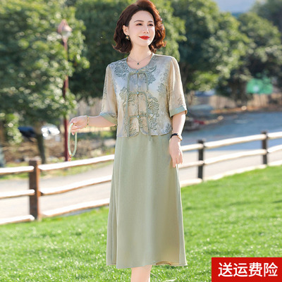 妈妈装夏装国风两件套短袖连衣裙