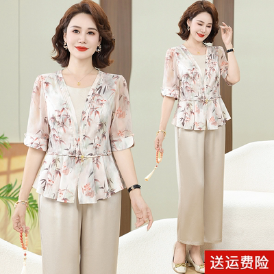 妈妈装夏季短袖时尚供奉套装国风
