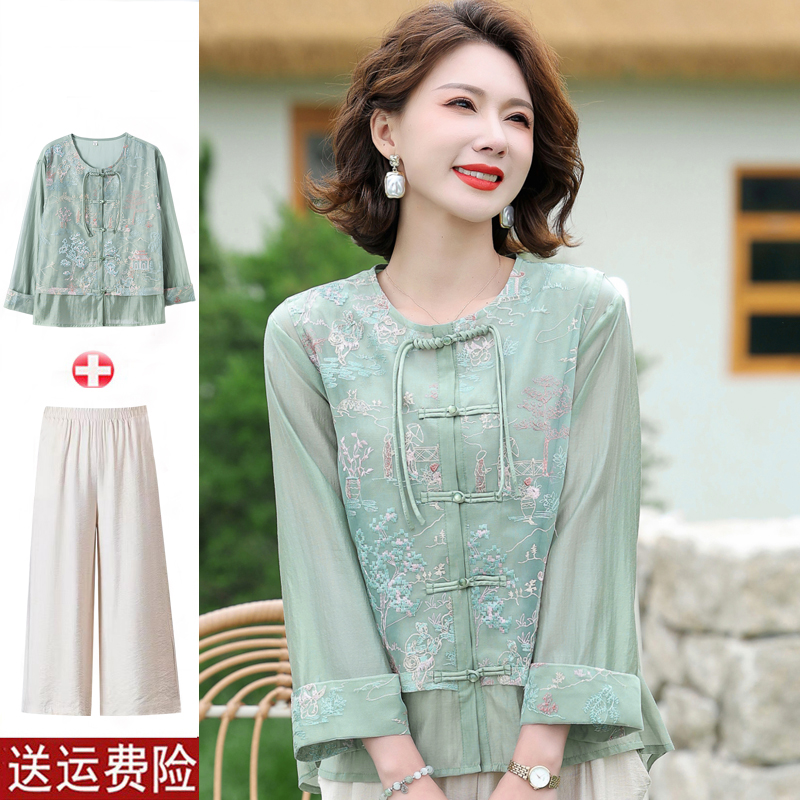 妈妈装夏装七分袖绣花国风打底衫