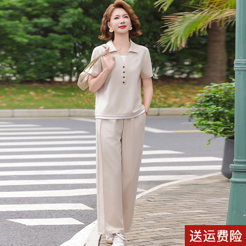 妈妈夏装套装休闲运动服2026新款中老年夏季短袖T恤衫宽松上衣女