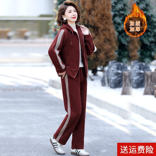 妈妈春装休闲运动服加绒保暖外套中老年女秋冬季减龄卫衣两件套装