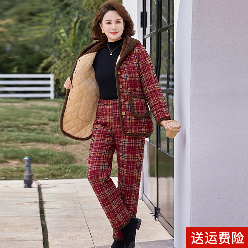 妈妈装冬季加绒加厚棉衣套装保暖