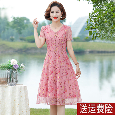 短袖蕾丝时尚洋气妈妈夏装连衣裙