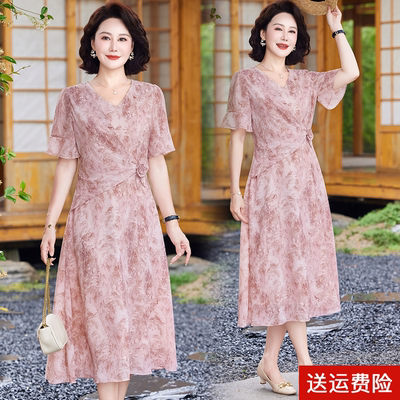 妈妈装夏季短袖雪纺连衣裙时尚女