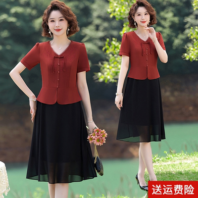 妈妈装夏季短袖国风假两件连衣裙