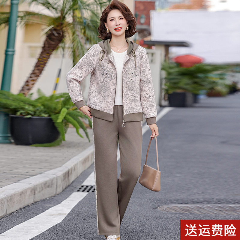 洋气妈妈春装印花外套中年女装连帽上衣服中老年春秋休闲运动套装