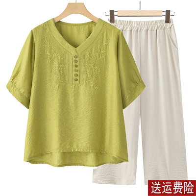 中老年女妈妈夏装短袖上衣两件套