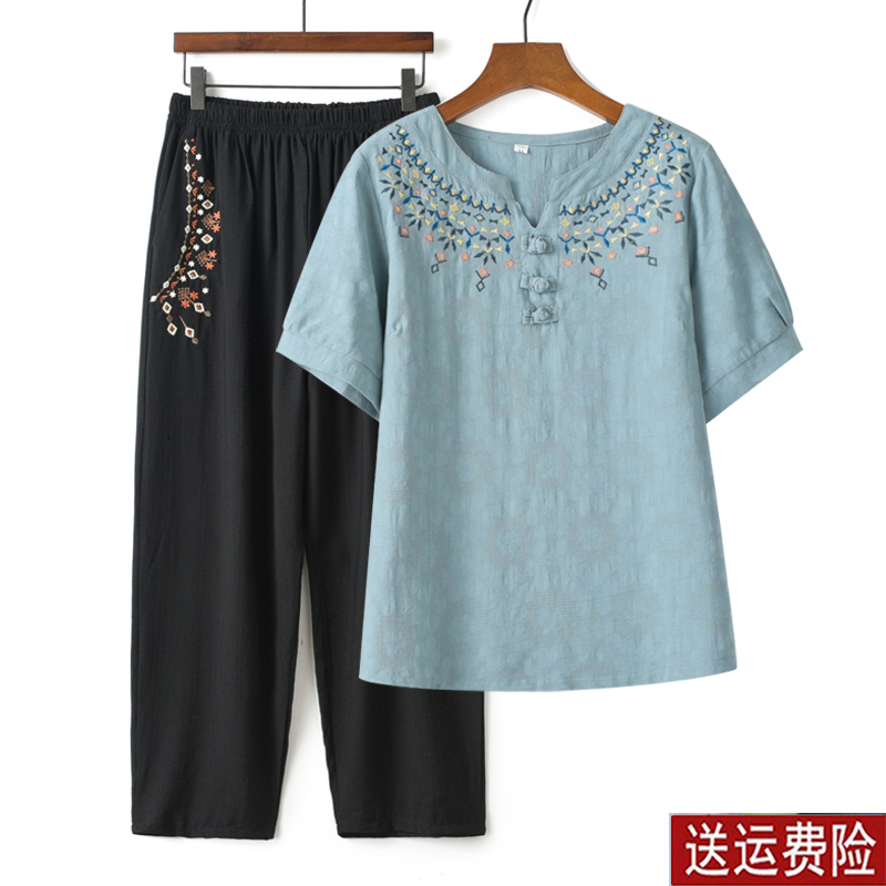 中老年人夏季女套装奶奶纯棉短袖t恤民族风绣花上衣服妈妈装夏季