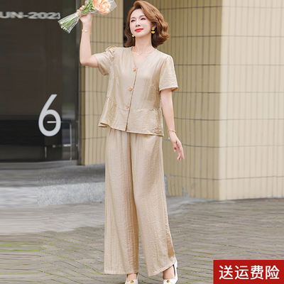 妈妈装套装夏季冰丝短袖小衫上衣