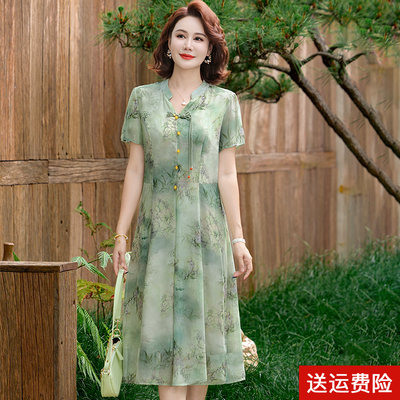妈妈装夏季短袖国风连衣裙中长款
