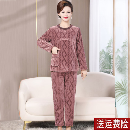 中老年妈妈法兰绒女睡衣套装冬季珊瑚绒加绒加厚秋冬款套头家居服
