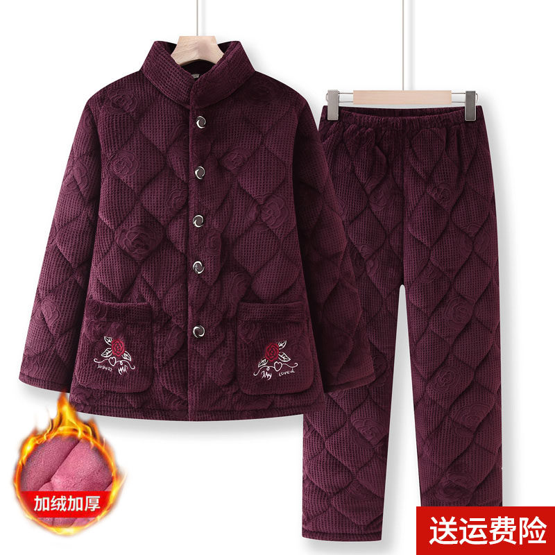 冬季中老年睡衣女珊瑚绒三层夹棉加厚加绒奶奶套装老人保暖家居服,女装/女士精品,中老年女装,淘宝优惠券,粉丝福利购,淘宝优惠卷